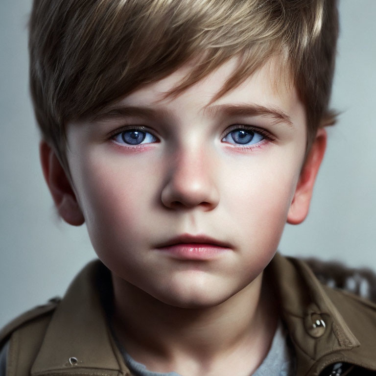 Portrait of young boy with blue eyes and brown jacket.