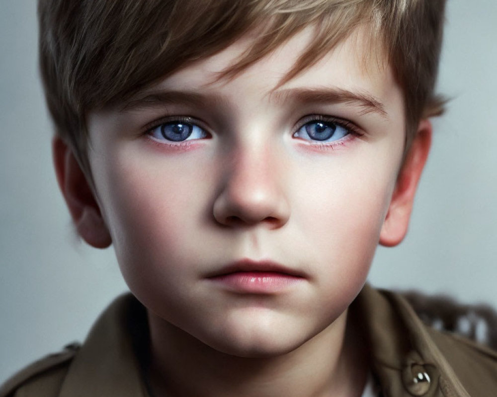 Portrait of young boy with blue eyes and brown jacket.