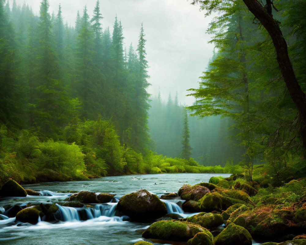 Tranquil river in misty forest with green trees and moss-covered rocks