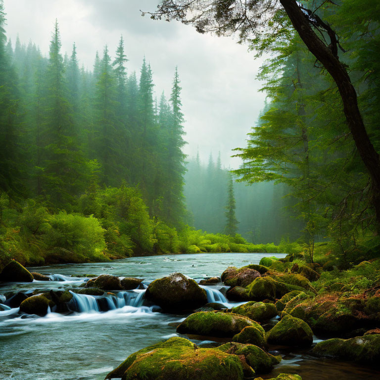 Tranquil river in misty forest with green trees and moss-covered rocks