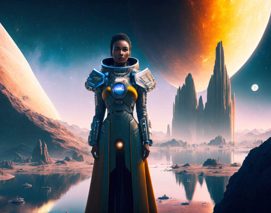 Futuristic armored woman on alien planet with spires, ringed planet, and moons