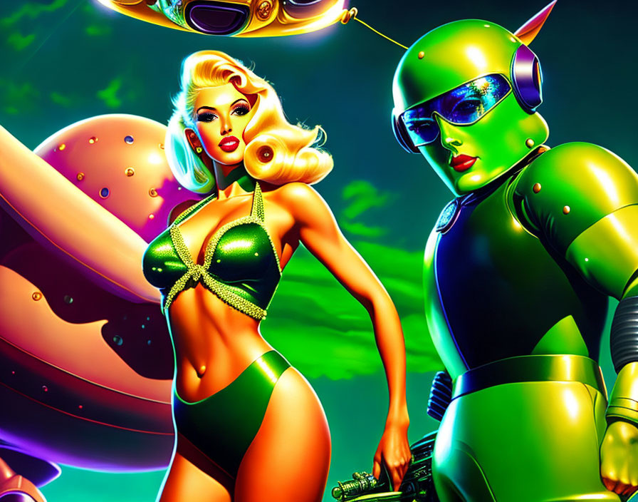 Colorful Retro-Futuristic Space Pin-Up and Green Android Illustration