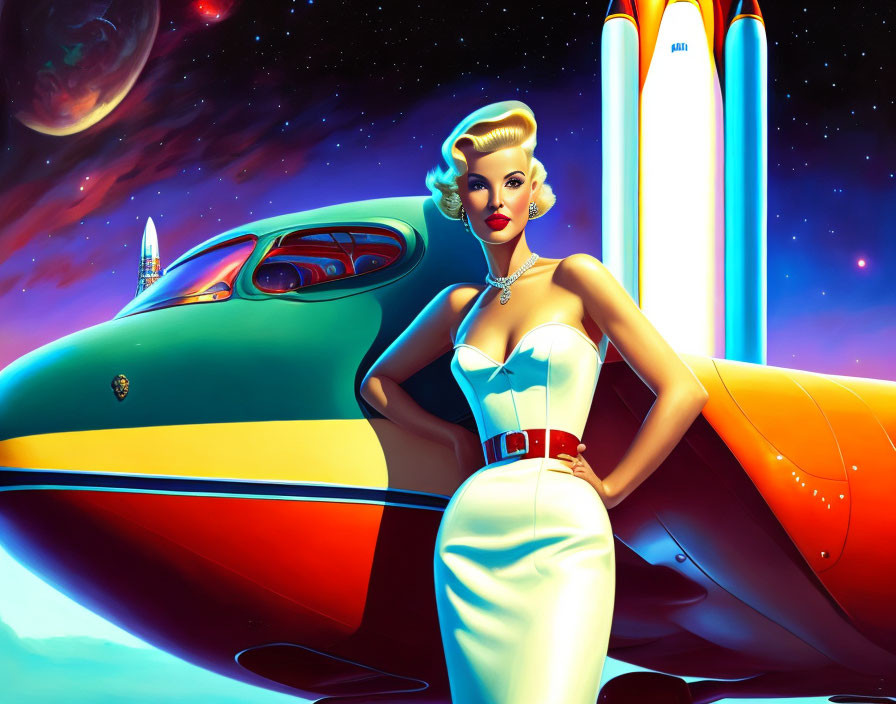 Retro-futuristic woman in white dress with colorful rocket in space-themed setting