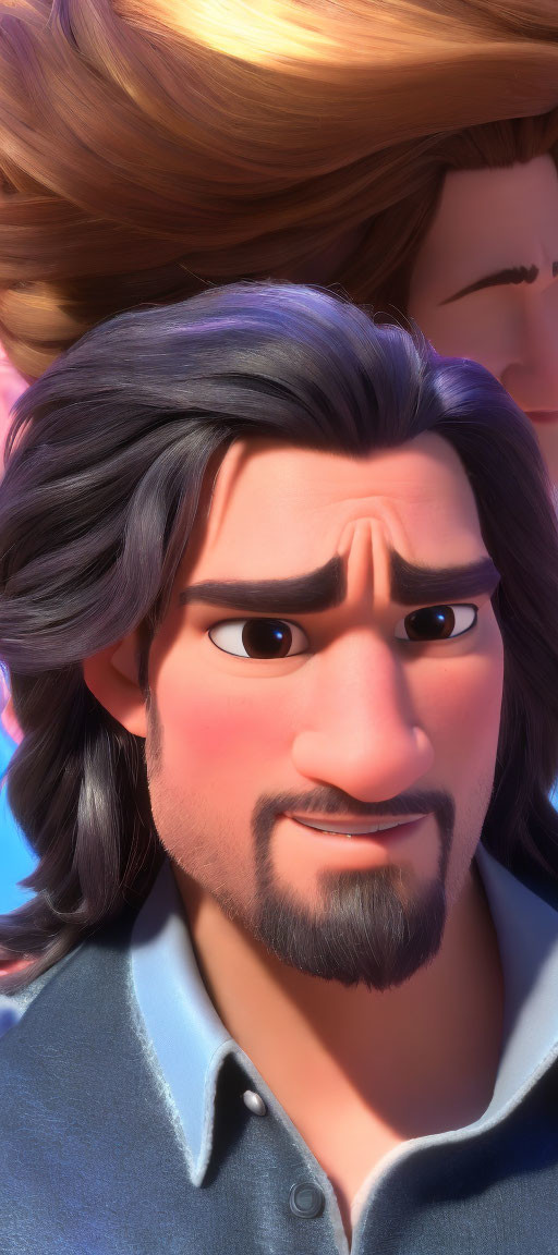 Smirking animated character with dark hair and goatee, raised eyebrow, background blurred