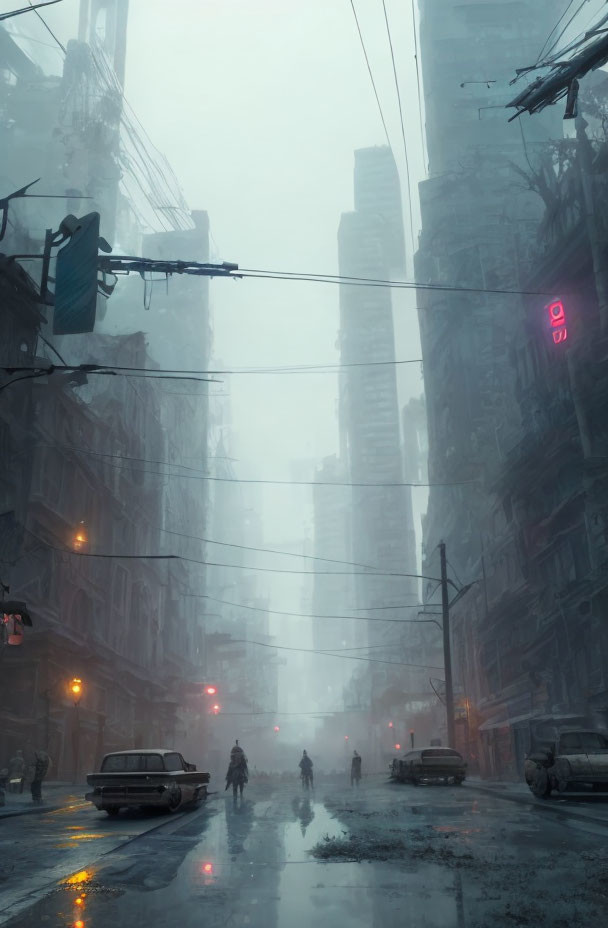 Foggy urban street with silhouetted figures, derelict cars, neon signs,