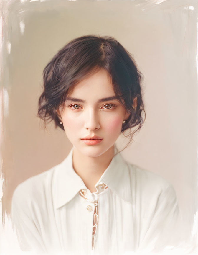 Young woman portrait with dark hair, subtle makeup, white blouse, and serene expression