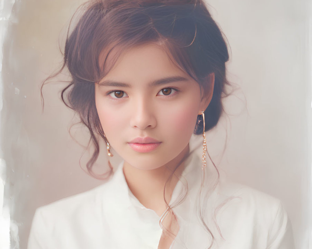 Portrait of woman with soft wavy hair, white blouse, and long earrings