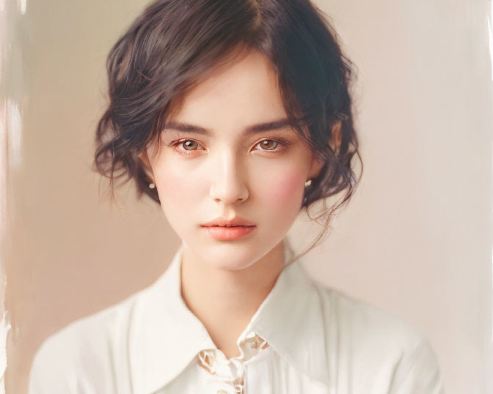 Young woman portrait with dark hair, subtle makeup, white blouse, and serene expression