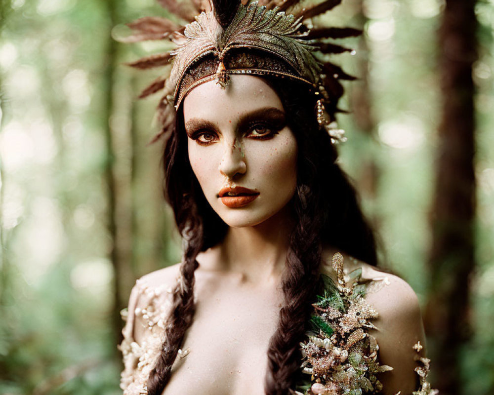 Woman with Feathered Headdress and Nature Body Art in Lush Forest