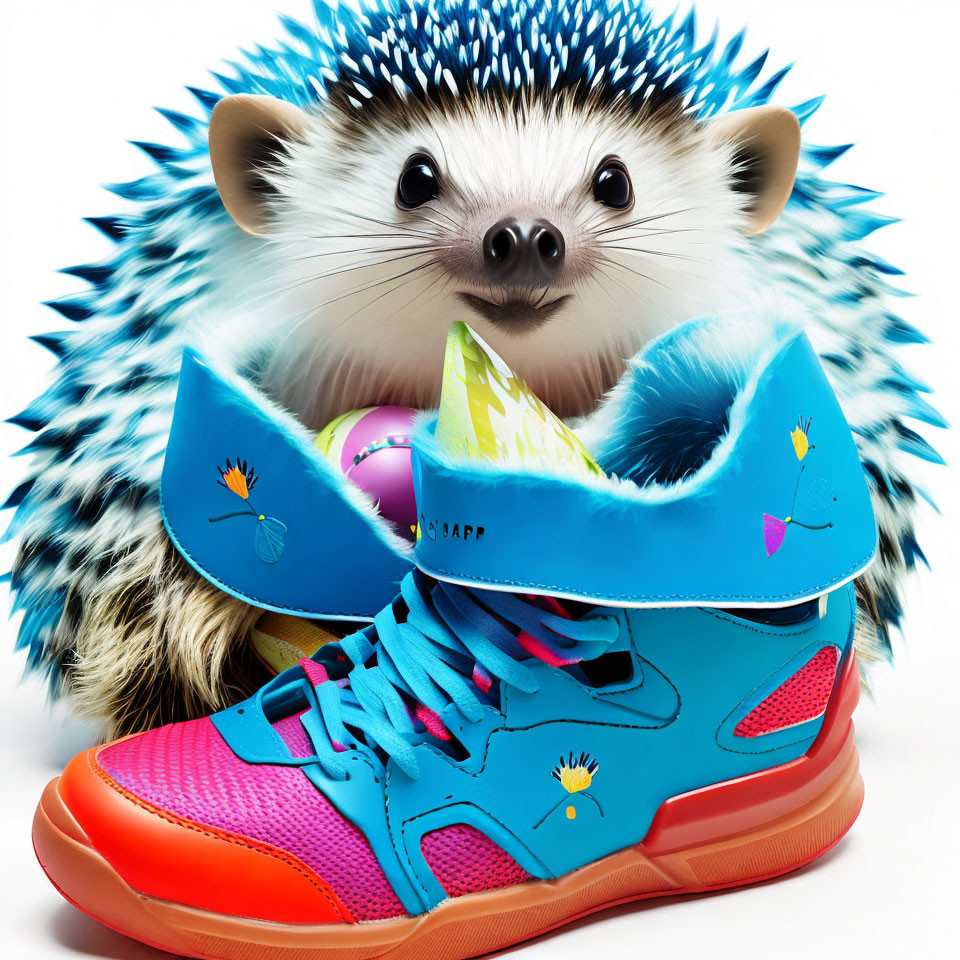 Colorful Sneaker with Hedgehog Holding Watermelon on White Background