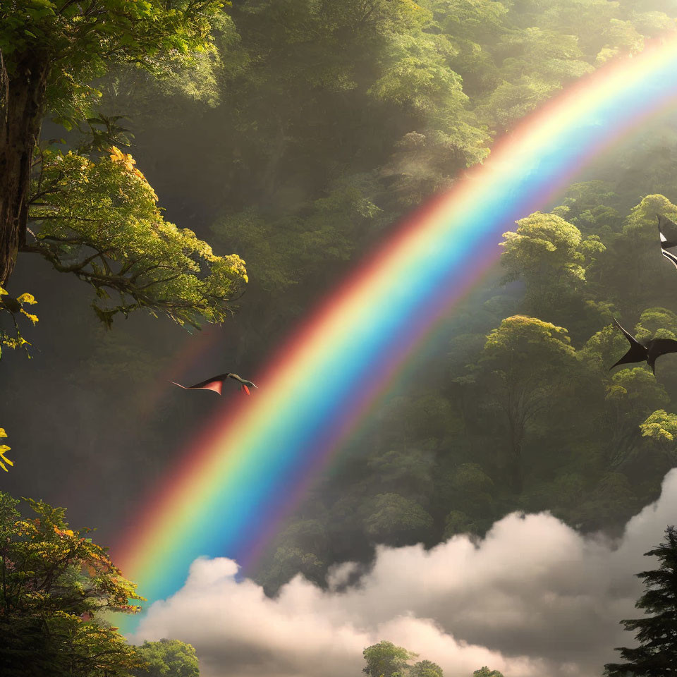 Vibrant rainbow in misty forest with lush green foliage and flying birds