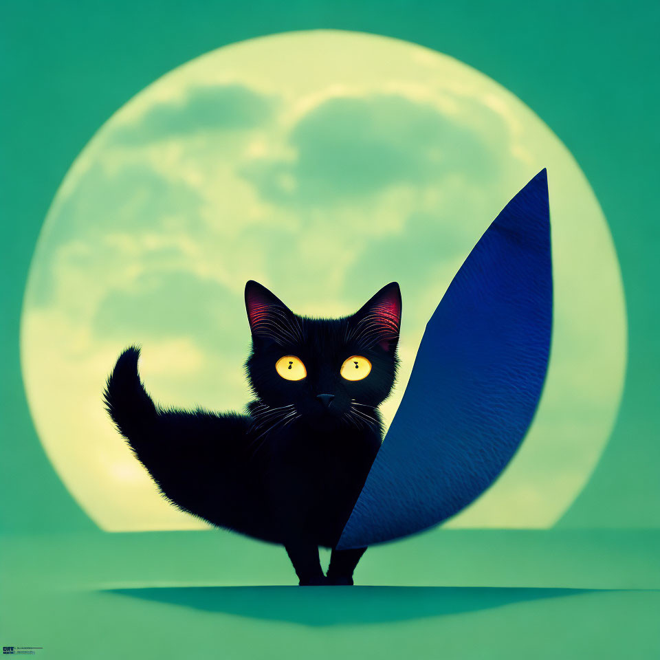 Stylized black cat with yellow eyes beside moon and surfboard on green backdrop