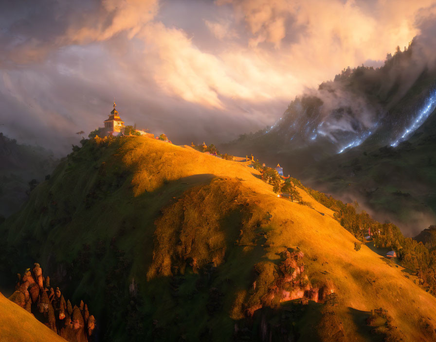 Serene mountain landscape with golden sunrise, temple, clouds, and waterfall