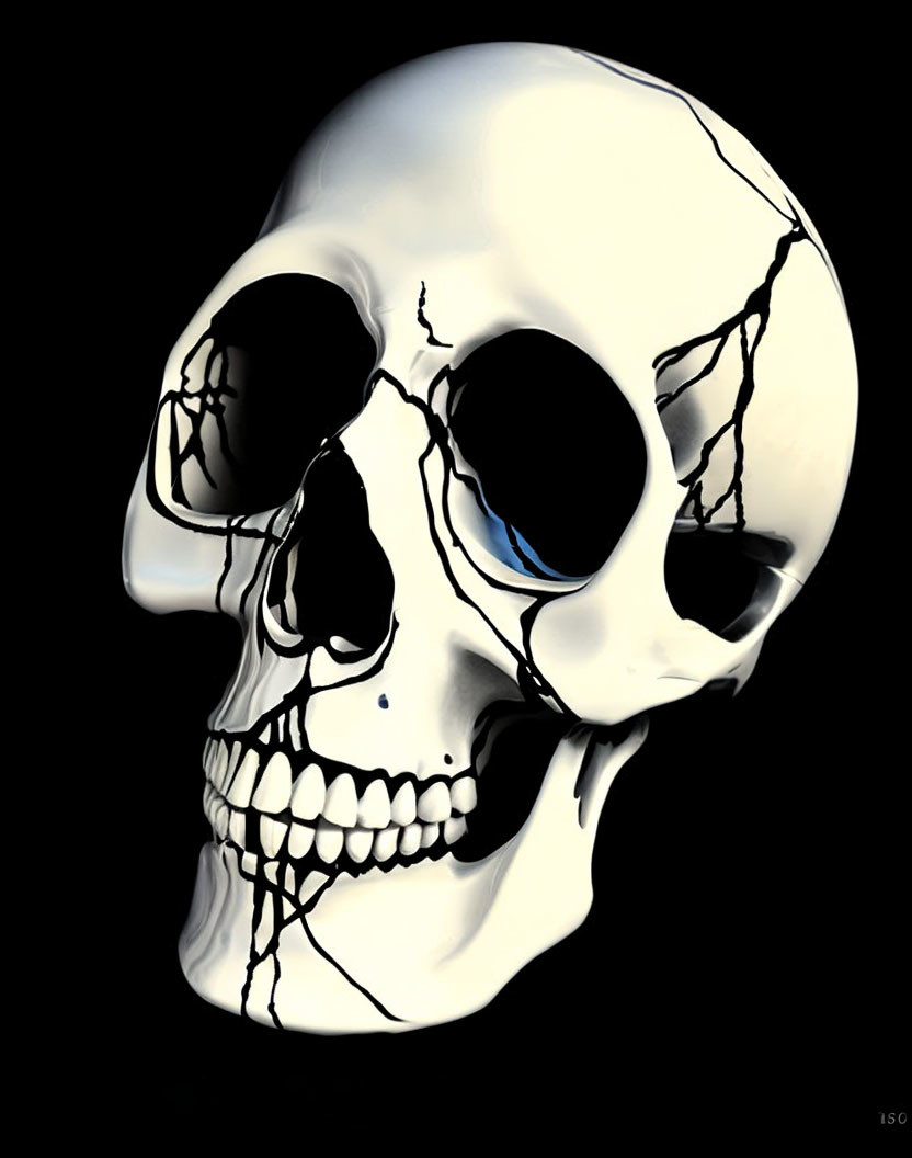 Detailed human skull illustration with shadows on black background