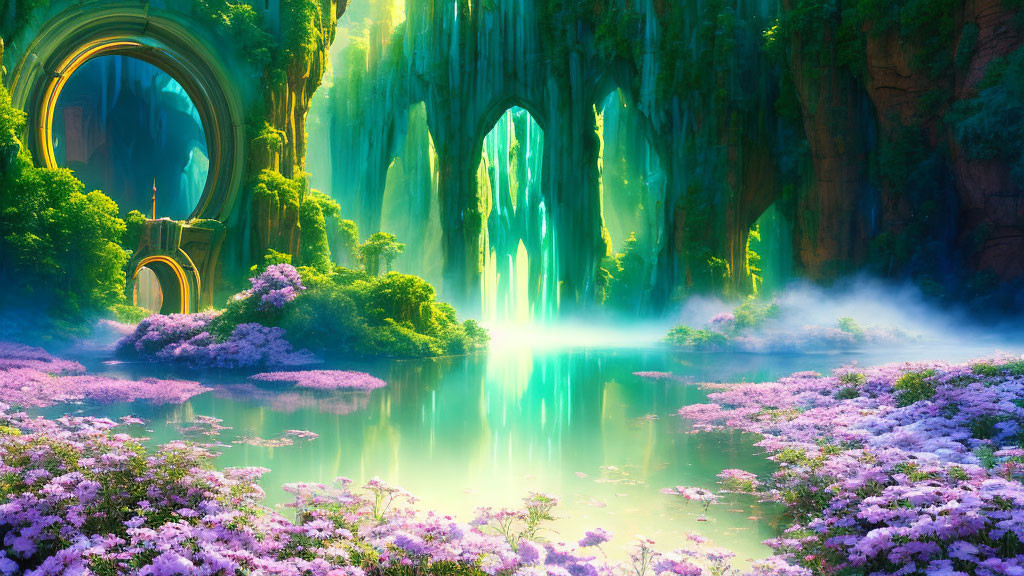 Serene lake with pink flowers, luminous waterfalls & verdant cliffs