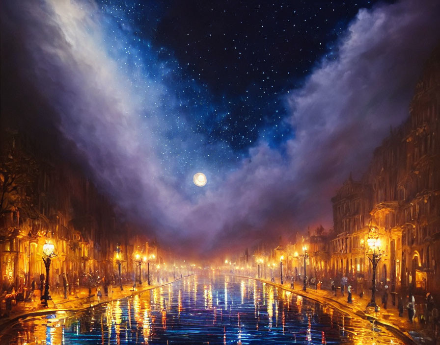 Starry night sky and full moon illuminate busy street by water channel