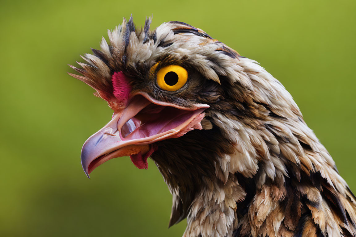 Detailed close-up of bird with open beak, feathers, and eye on green backdrop