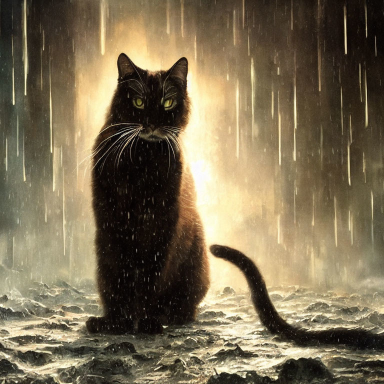 Majestic dark-furred cat in dramatic downpour captured with intense eyes