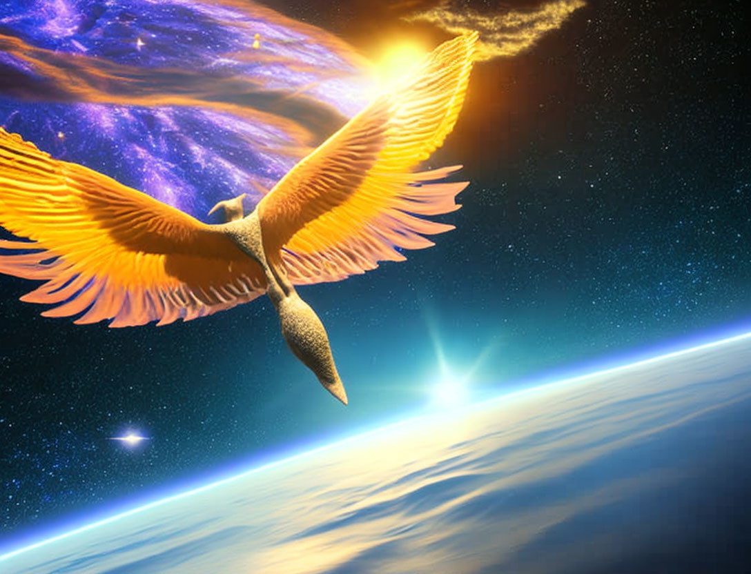 Bird with outstretched wings flying in space with stars and galaxy.