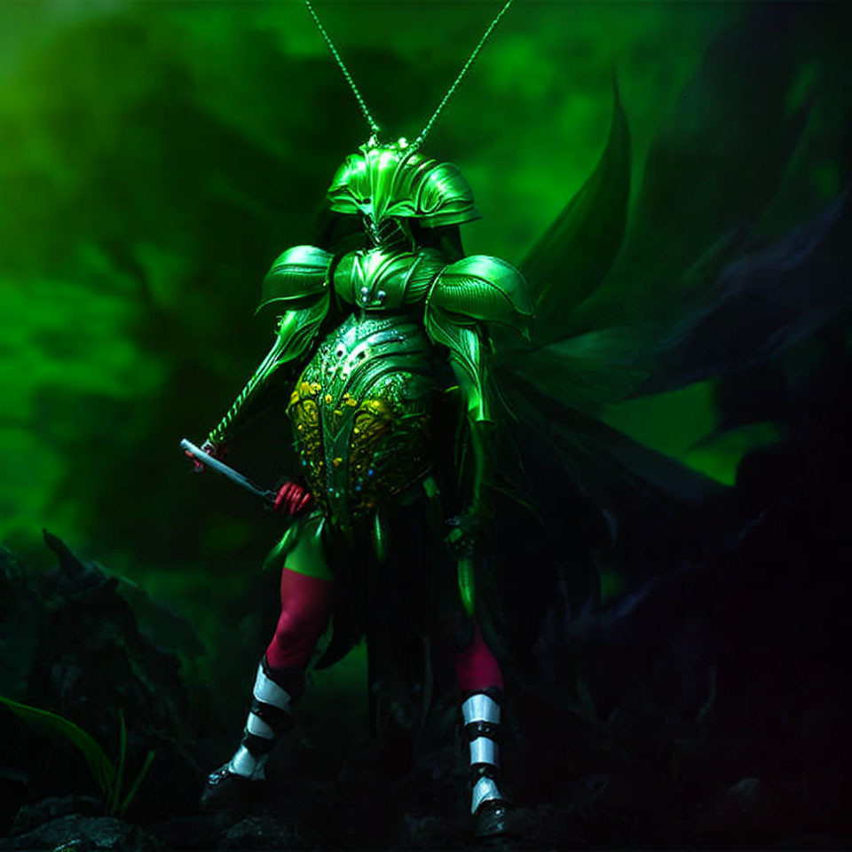 Elaborate Green and Gold Insect-Like Armor Figure with Weapon in Moody Setting