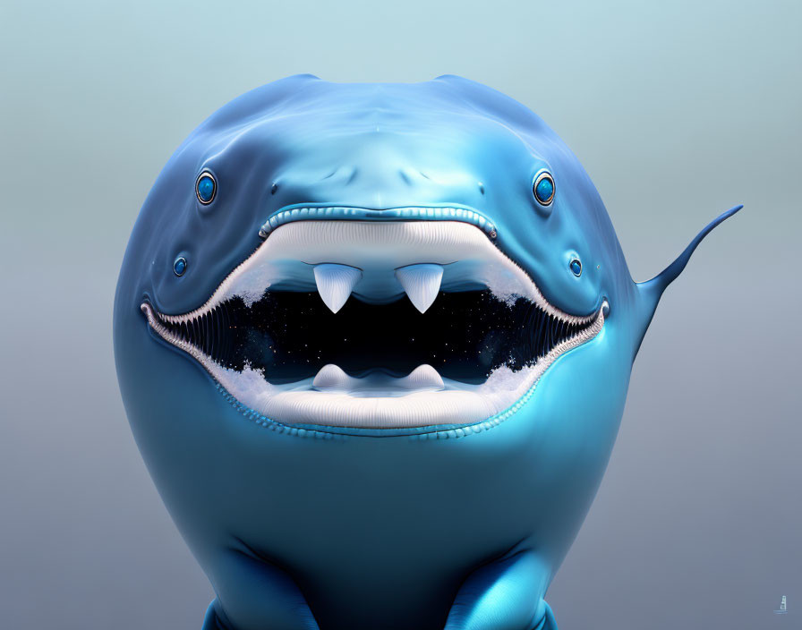 Whimsical 3D rendering of a smiling shark