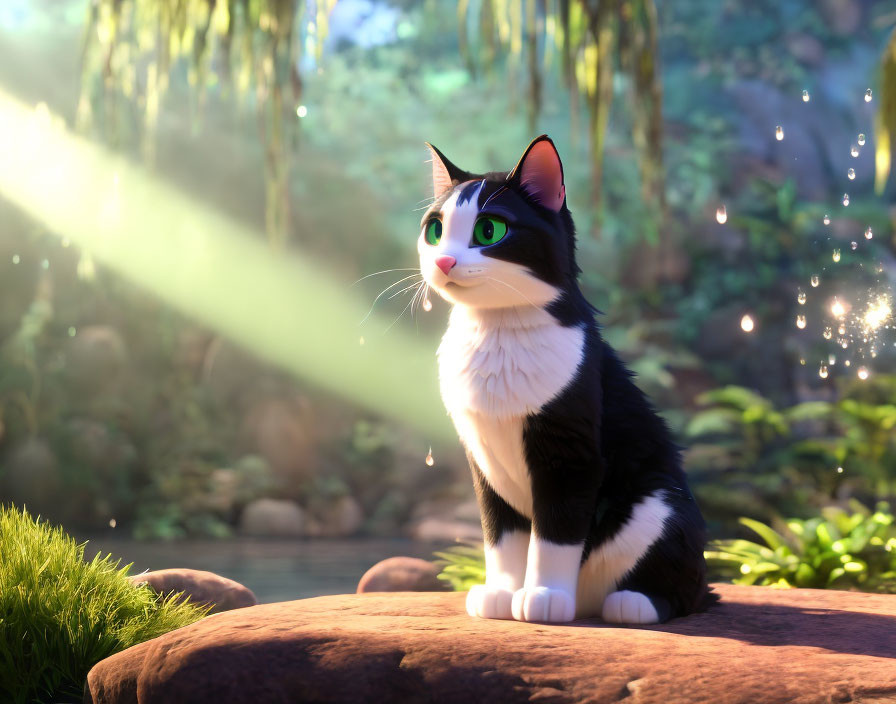 Black and White Animated Cat with Green Eyes in Forest Scene