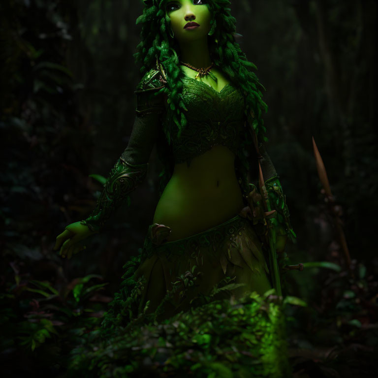 Green-skinned mystical figure in leafy attire in enchanted forest setting