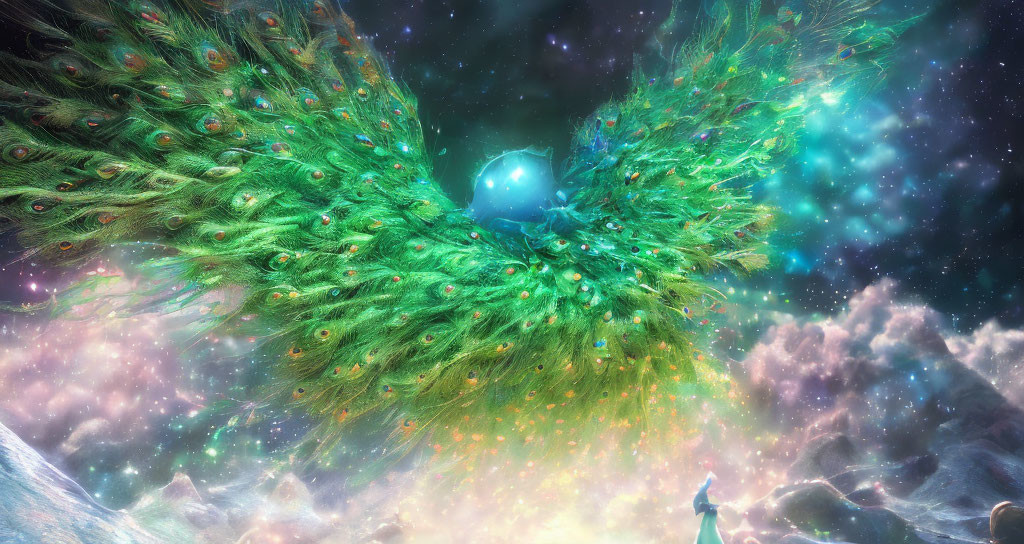 Vibrant peacock-like cosmic entity amidst starry nebula.