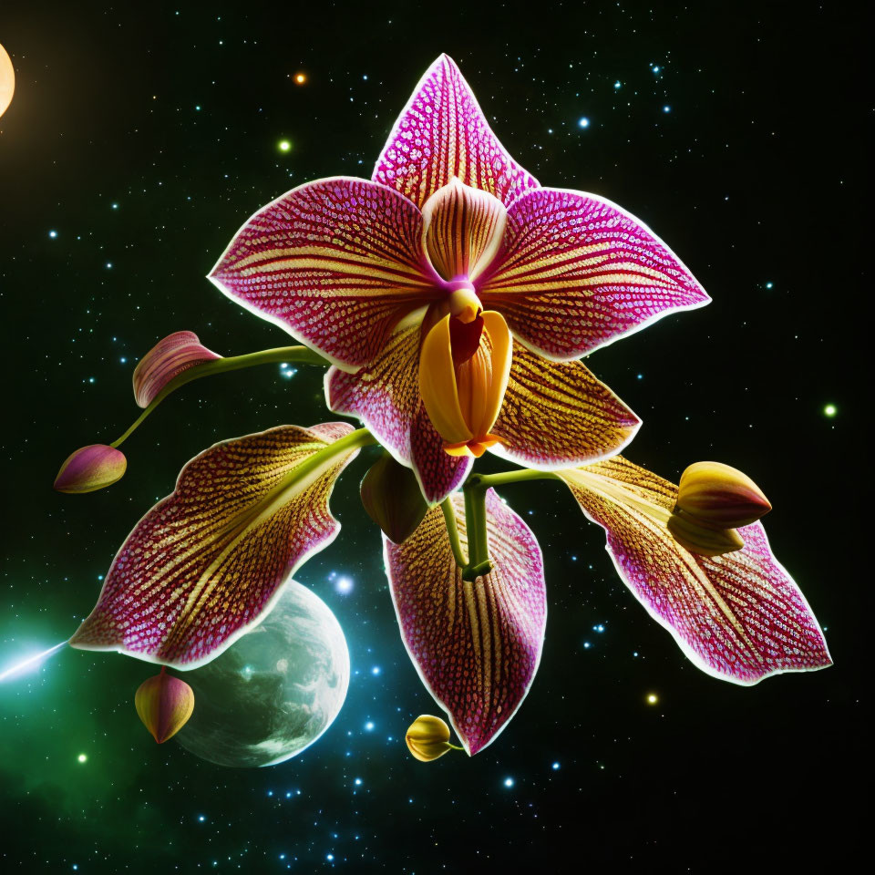 Colorful digital orchid with cosmic starry background.