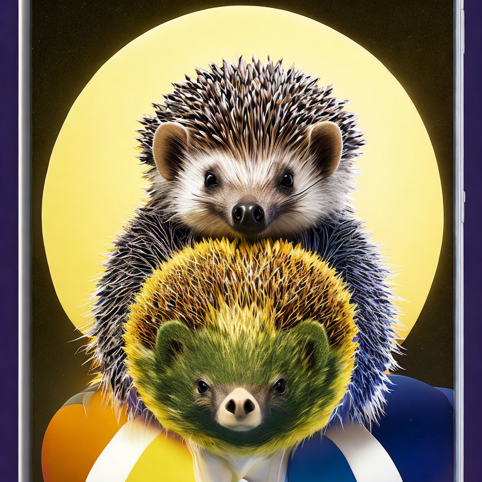 Colorful Stacked Hedgehogs on Moon Background with Bouncing Spheres