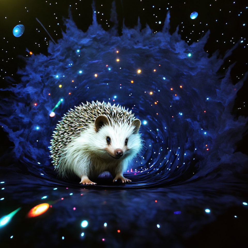 Hedgehog in Cosmic Tunnel with Starry Walls & Planets