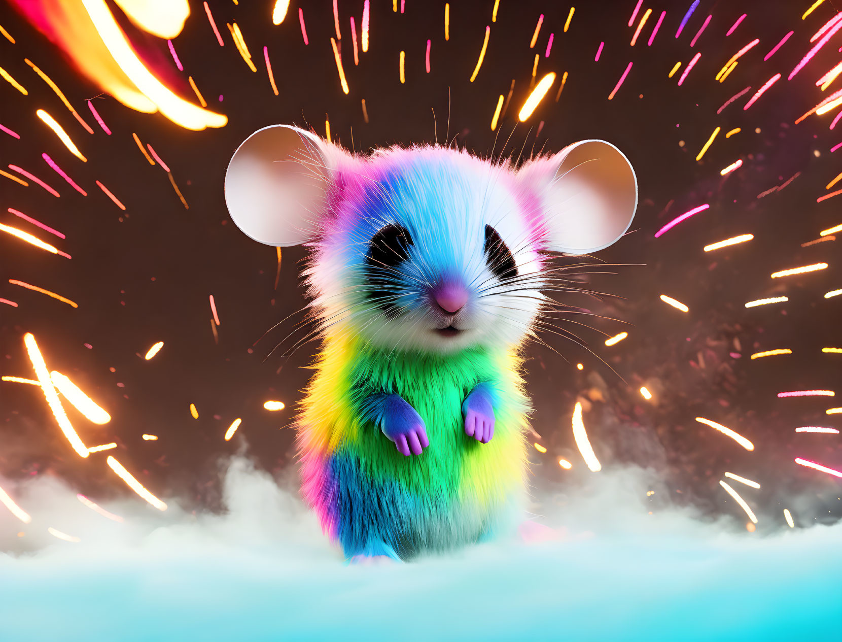 Colorful Cartoon Mouse with Rainbow Fur in Fireworks Background