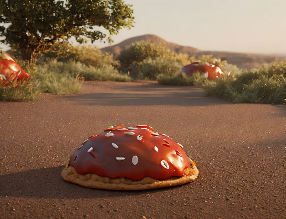 Giant Cookie with Red Icing and Sprinkles on Rural Road