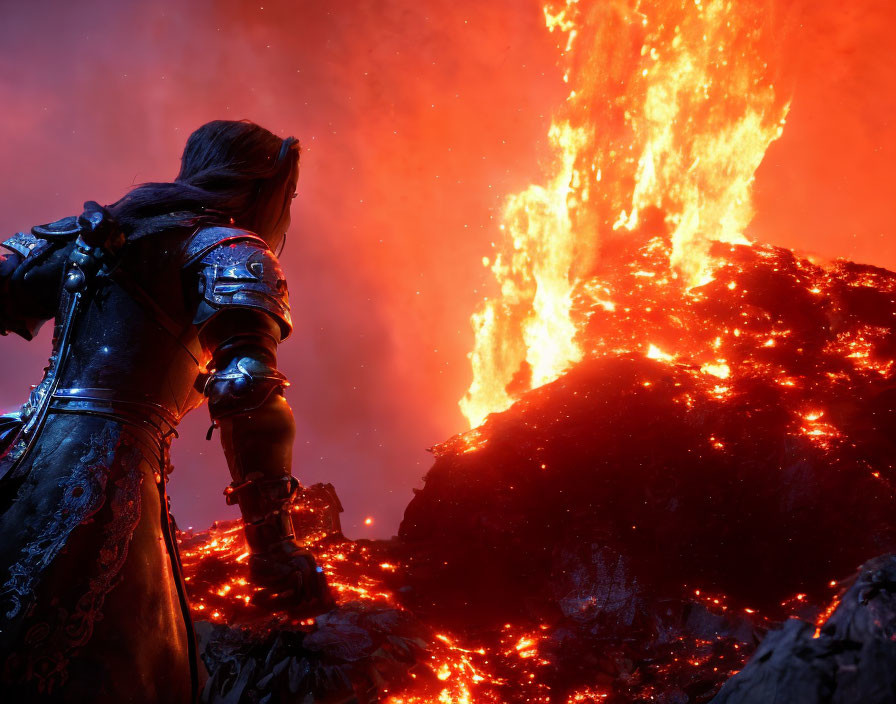 Knight in ornate armor observes volcanic eruption with vibrant lava.