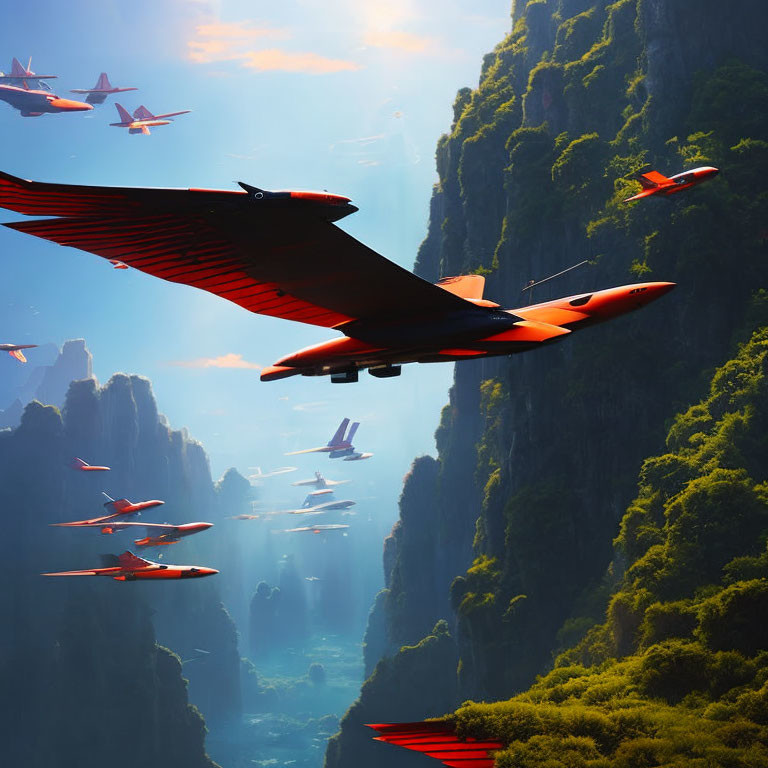 Futuristic red aircraft flying over lush canyon in formation