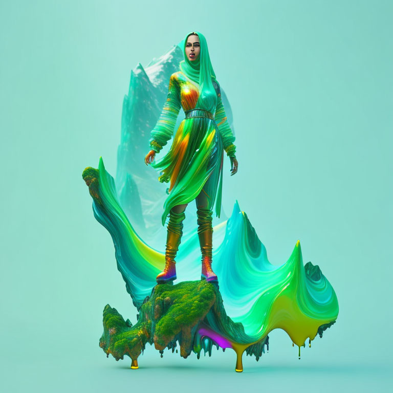 Colorful Metallic Outfit Woman on Vibrant Melting Landscape