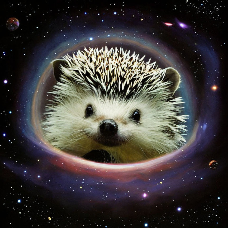 Adorable hedgehog on cosmic background with stars and planets