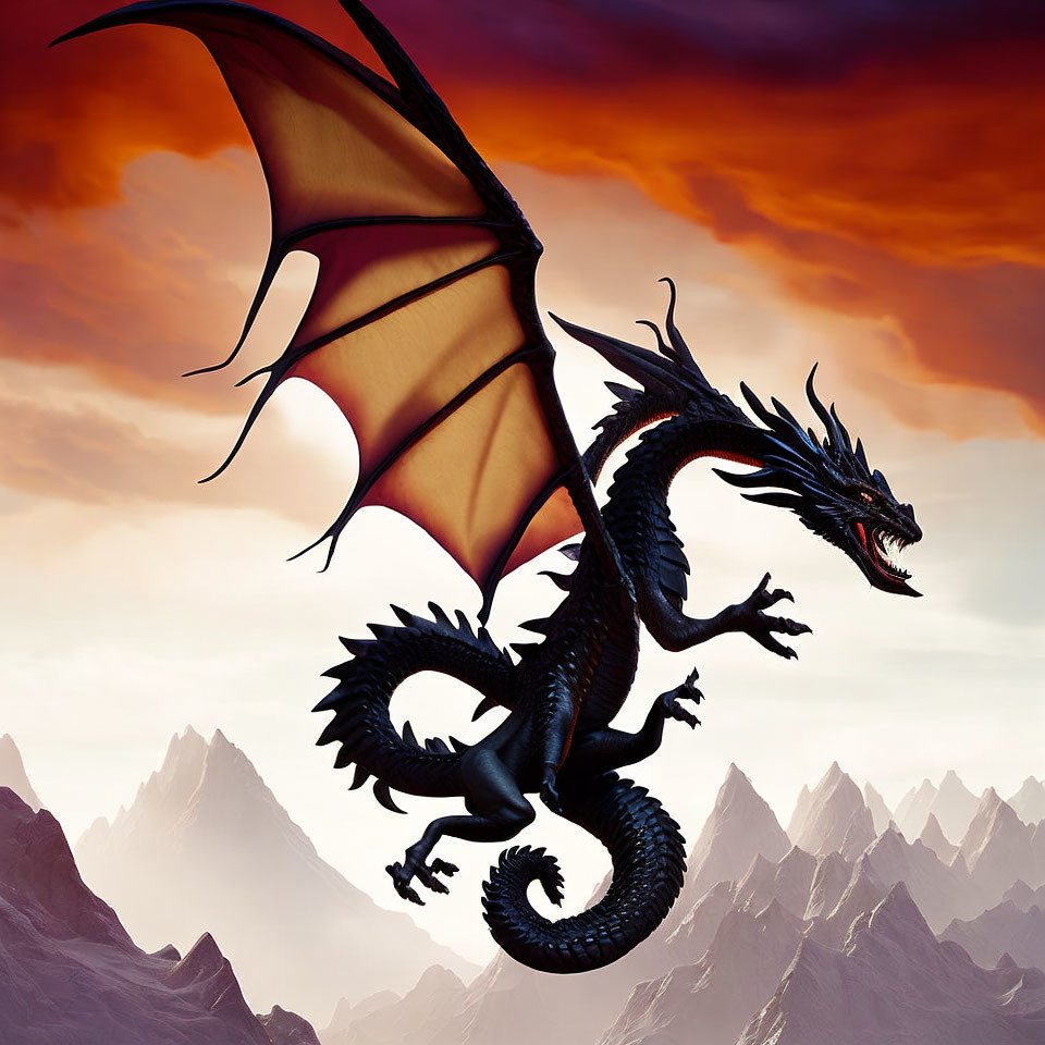 Black dragon with large wings and horns flying over red clouds and mountains