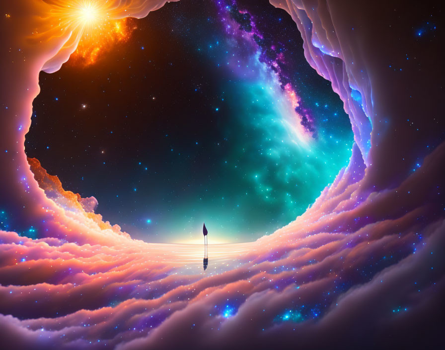 Person standing on nebulous path under starry sky with vibrant clouds