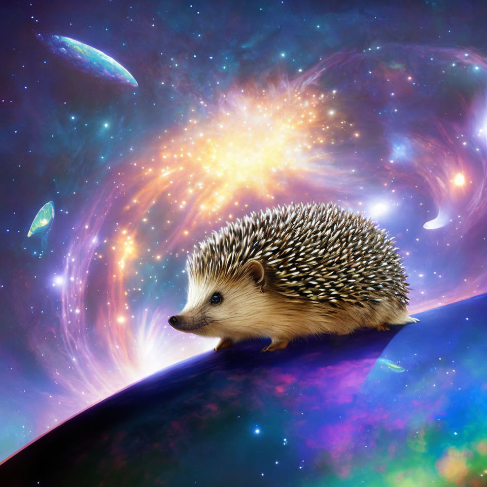 Hedgehog on cosmic surface with vibrant nebulae