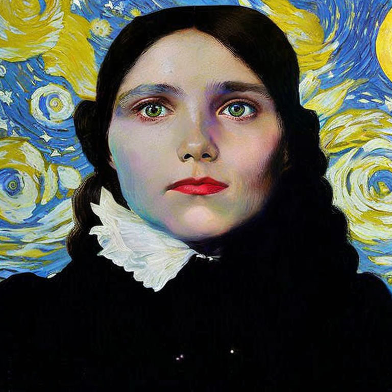 Portrait of Woman with Dark Hair and Green Eyes on Van Gogh-Inspired Starry Background