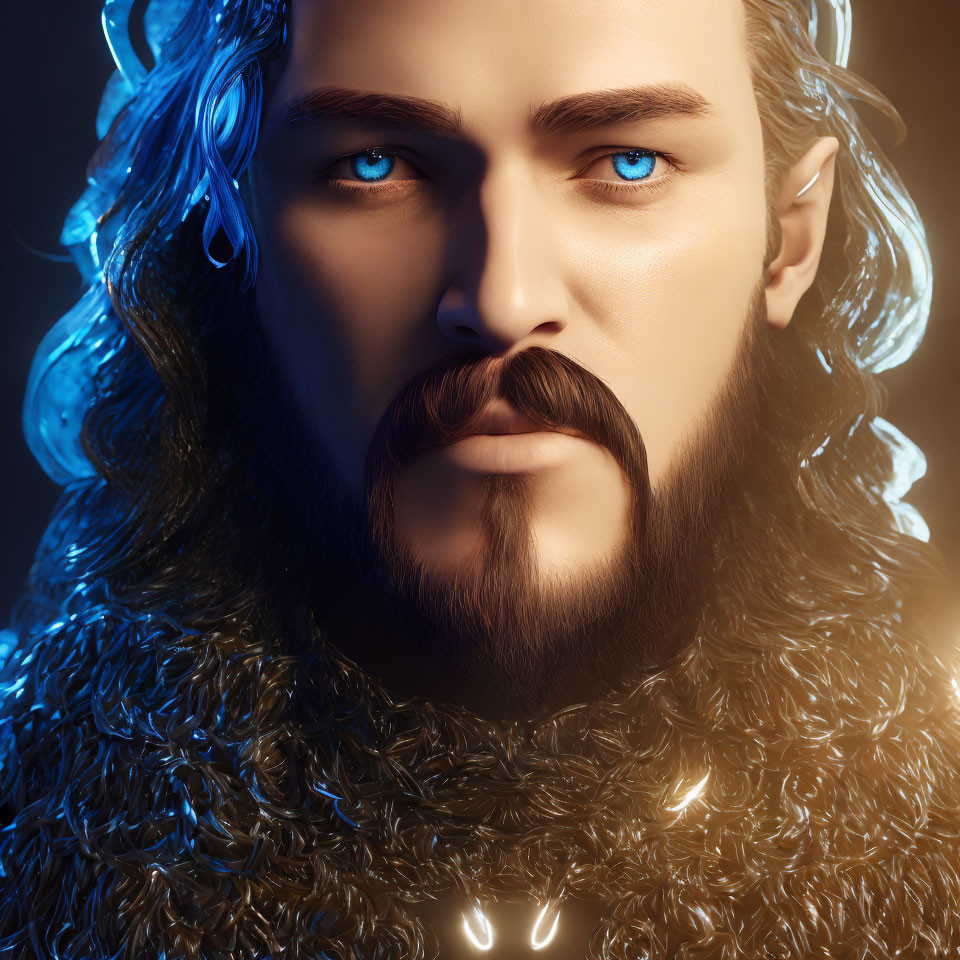 Portrait of a man with blue eyes, dark hair, beard, chainmail armor, and glowing necklace