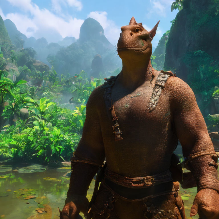 Muscular anthropomorphic rhino in lush jungle with misty mountains.