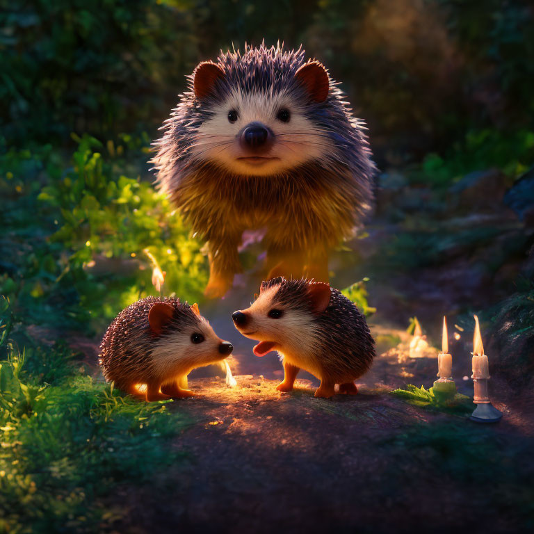 Animated hedgehogs in magical forest with candles: Two small facing, one large floating