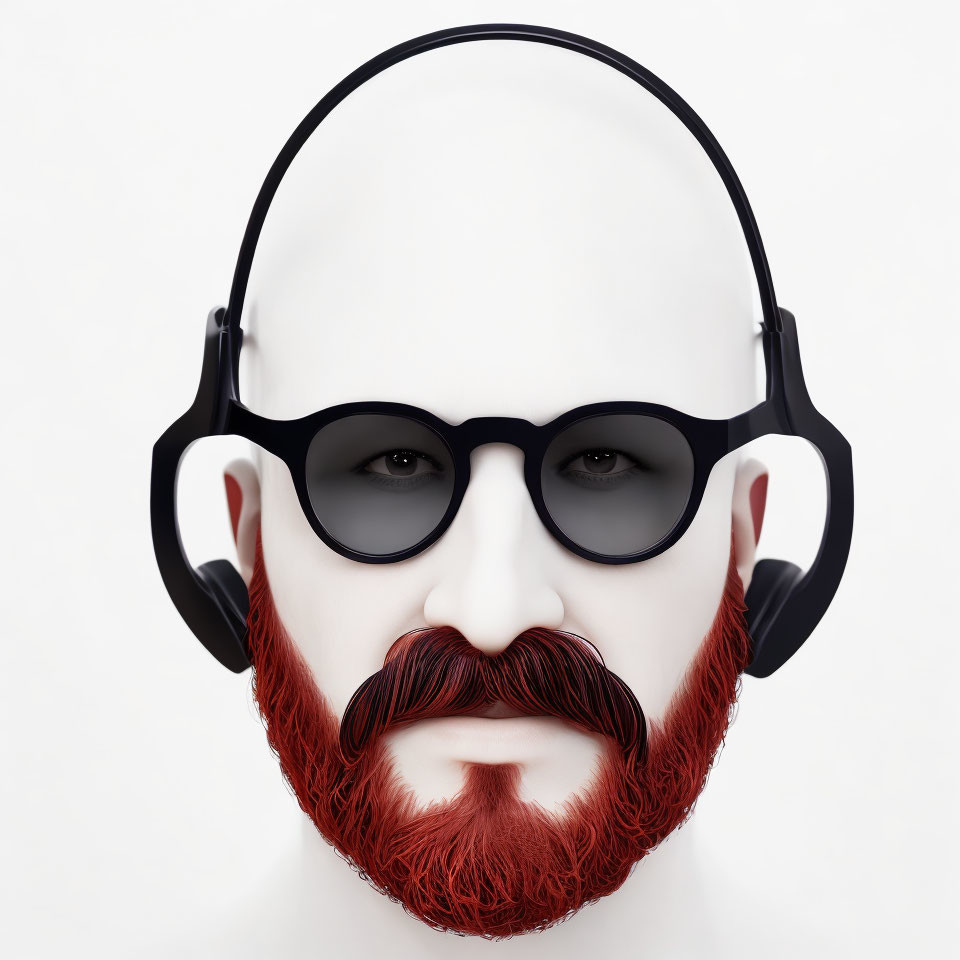 Stylized male face with bald head, round glasses, headphones, red beard & mustache