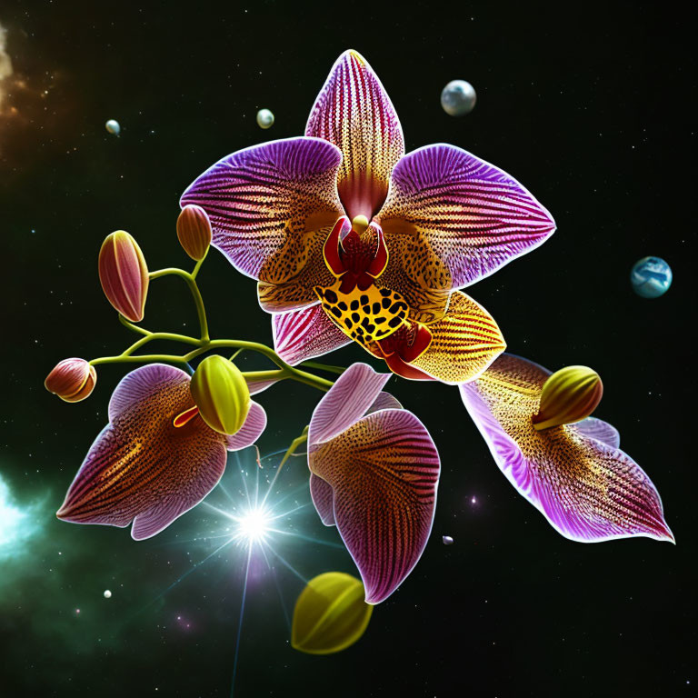 Colorful orchids in space with starburst and planets on dark cosmic backdrop