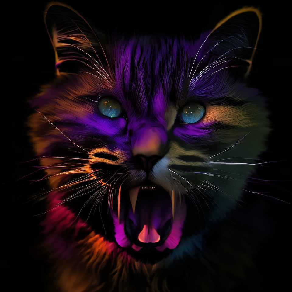 Colorful Digital Artwork: Cat with Blue Eyes and Fierce Expression in Neon Tones