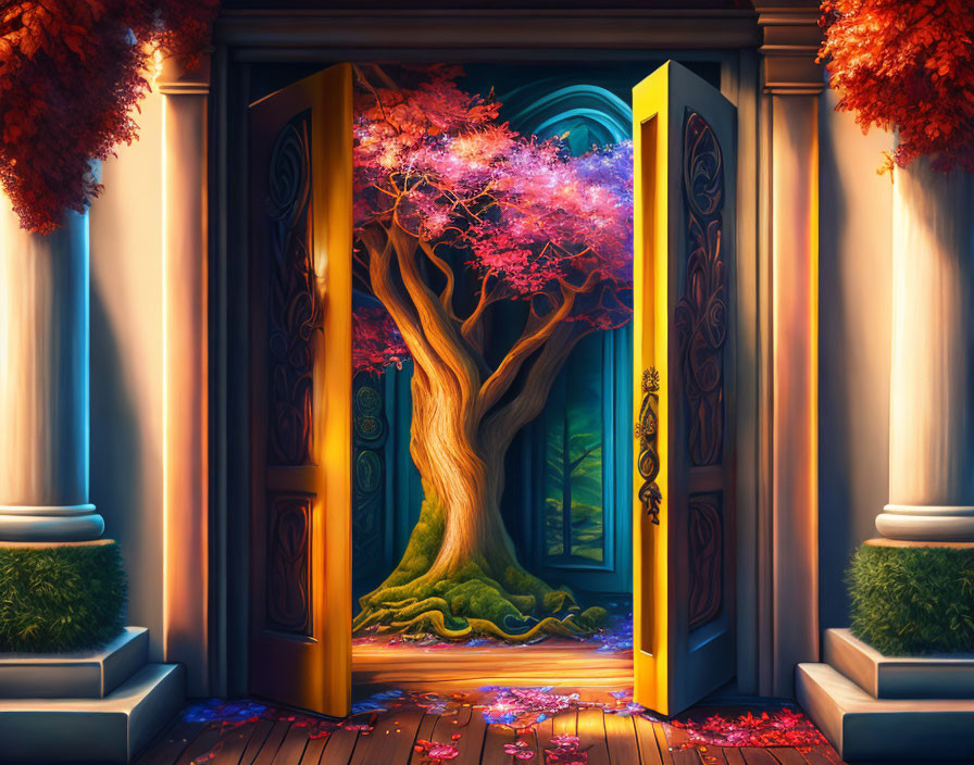 Ornate open door reveals enchanting pink tree at twilight