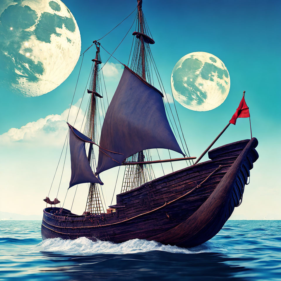 Vintage wooden ship sailing under two oversized moons in fantastical seafaring scene