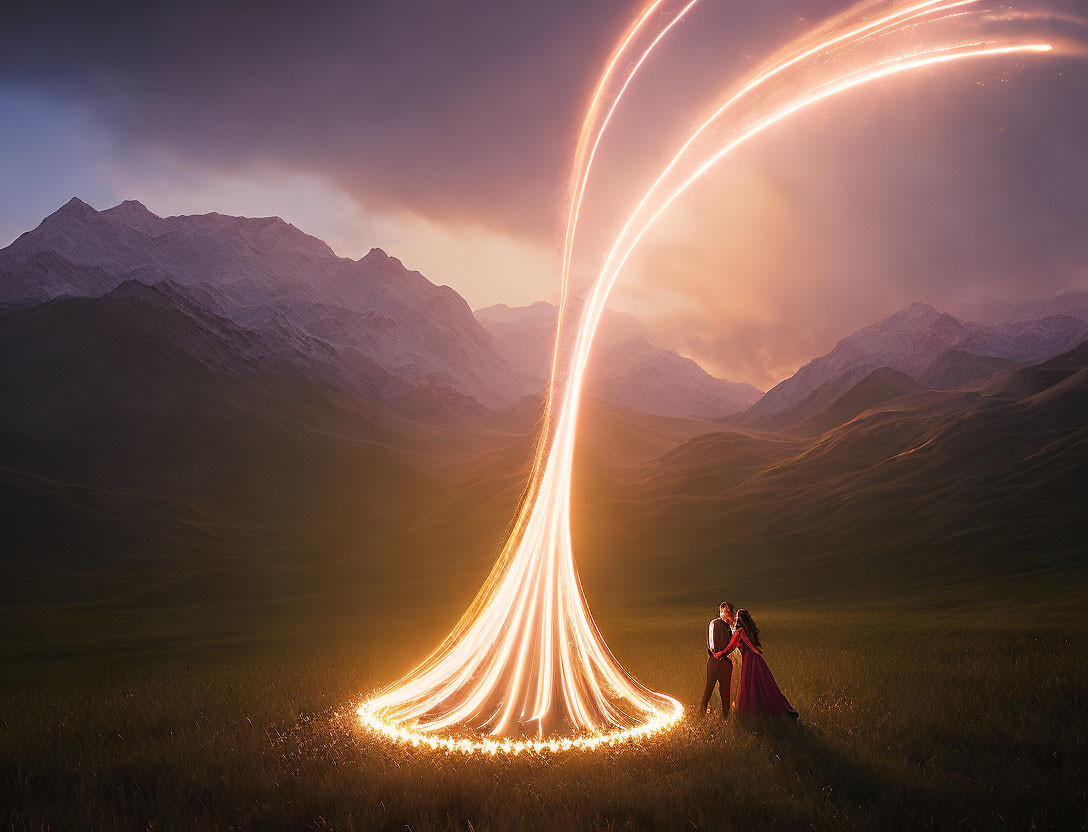 Couple in grassy valley at dusk with swirling light above